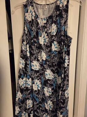 Simple Black Floral Midi Dress with White and Blue Blooms